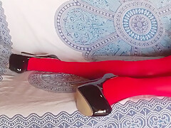 Amateur 2021 Wearing Red Pantyhose And Black Platform High Heels