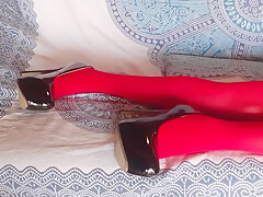 Amateur 2021 Wearing Red Pantyhose And Black Platform High Heels
