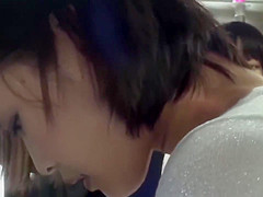Asian beauty in black pantyhose is sucking dick and getting fucked in a public bus