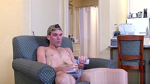 Athletic army recruit Joshua Kelly vigorously strokes solo