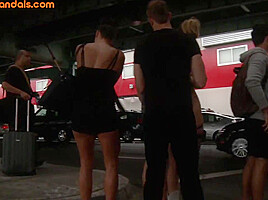 BDSM public slut with small boobs whipped outdoor on street