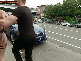 BDSM public slut with small boobs whipped outdoor on street