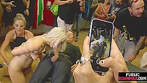 BDSM slut public 3some DP fucked n whipped in front of crowd