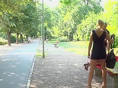 Bare ass babe caned in public bench