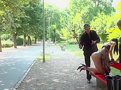 Bare ass babe caned in public bench