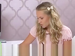 Beautiful blonde female agent licks brunette