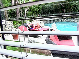 Big Tit Bikini Brunette Deep Throats Large Cock Poolside With Mouthful