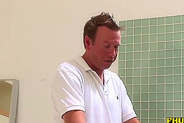 Blonde Milf Fucks Two Guys Under The Shower