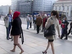 Blonde in metal high heels in public