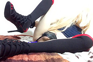 Blonde ladyboy masturbates and enjoys a dildo