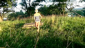 Blonde masturbates in the forest  Close-up 