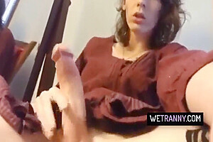 Brunette Tgirl Strokes Her Cock 8 Min