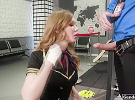 Busty shemale flight attendant barebacked by customs officer