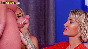 CFNM British femdoms deepthroat cock in 3some till cumshot