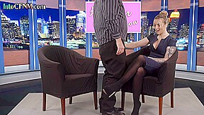 CFNM femdom TV host babe sucks and wanks guests cock