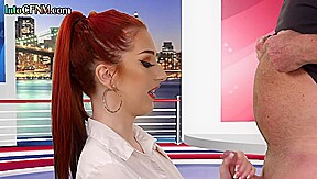 CFNM femdom TV host babe sucks and wanks guests cock