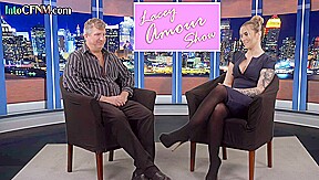 CFNM femdom TV host babe sucks and wanks guests cock