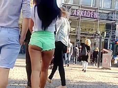 Candid Brunette in tight short street public