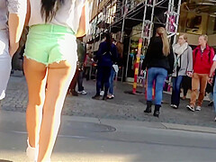 Candid Brunette in tight short street public