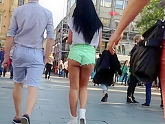Candid Brunette in tight short street public