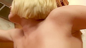 Chesty wife Krissy Lynn slurping cum in the kitchen