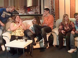 Chubby party girl gets naked and gives head