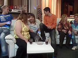 Chubby party girl gets naked and gives head
