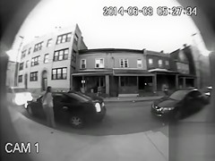 Chubby woman urinates on the public street