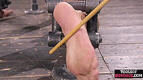 Curvy bondage subjects caned in threeway while bound