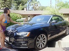 Dude spying huge boobs hottie washing car outdoor