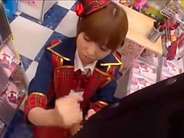 Giving Handjob On Her Knees Cum To Palm In The Sexshop