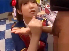 Giving Handjob On Her Knees Cum To Palm In The Sexshop