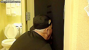Gloryhole greedy amateur DILF sucks penis at his home