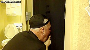 Gloryhole greedy amateur DILF sucks penis at his home