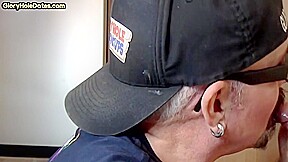 Gloryhole homemade DILF sucks cock in closeup at home