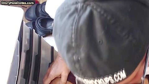 Gloryhole homemade DILF sucks cock in home closeup scene