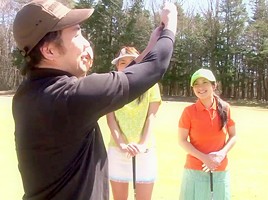 Golf whore gets teased and creamed by two guys