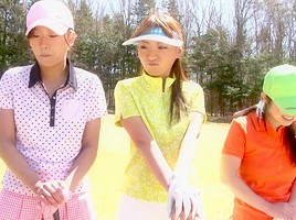 Golf whore gets teased and creamed by two guys