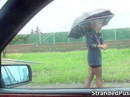Gorgeous blonde stewardess Christen gets rammed hard in the car