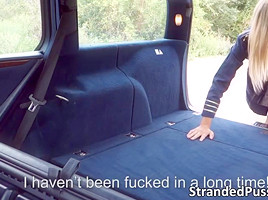 Gorgeous blonde stewardess Christen gets rammed hard in the car