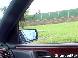 Gorgeous blonde stewardess Christen gets rammed hard in the car
