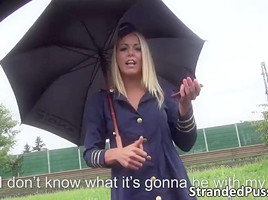 Gorgeous blonde stewardess Christen gets rammed hard in the car
