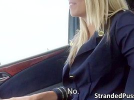 Gorgeous blonde stewardess Christen gets rammed hard in the car