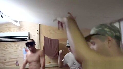 Group of military guys having an anal contest