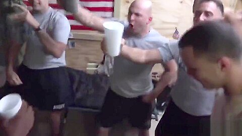 Group of military guys having an anal contest