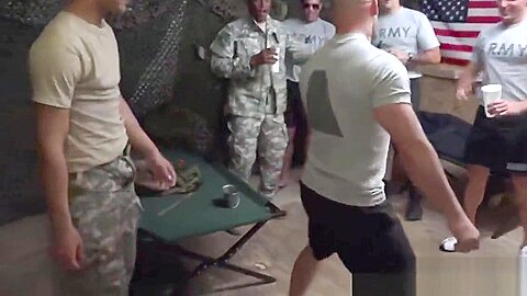 Group of military guys having an anal contest