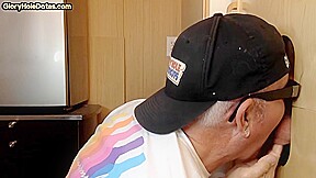 Homemade gloryhole BJ DILF sucking and stroking BFs cock