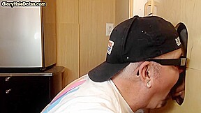 Homemade gloryhole BJ DILF sucking and stroking BFs cock