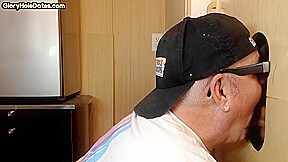 Homemade gloryhole BJ DILF sucking and stroking BFs cock