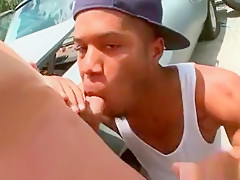 Hot black gay gets a stiff white cock to suck
